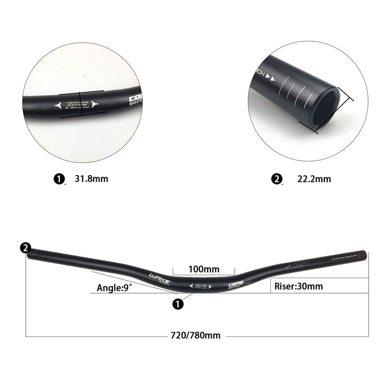 BNVB Wake 31.8mm MTB Mountain Bike Handlebar, Aluminum Alloy Mountain Bike Bicycle Riser Handlebar Extra Long 720/780mm with Paint Matte Surface (Black, 780mm) - Image 2